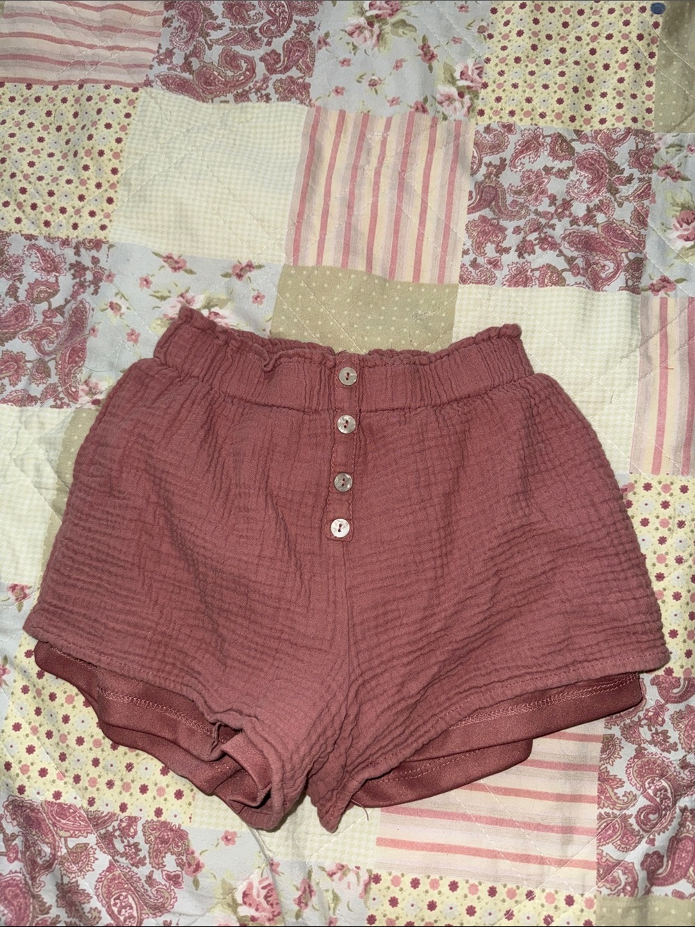 btween Rose Mauve Button-Front Cotton Gauze Shorts